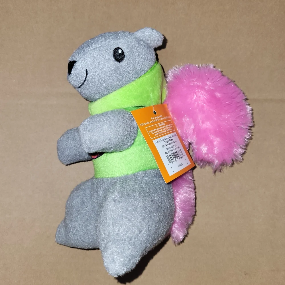 Gray Squierl Dog Toy with Green Pumpkin Shirt